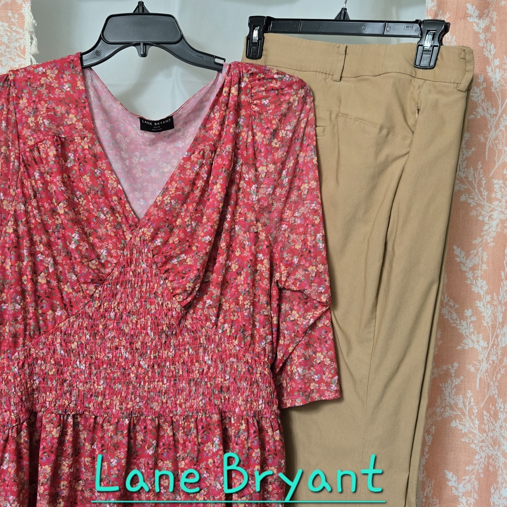 Lane Bryant Red Floral Top and Tan Trousers Set